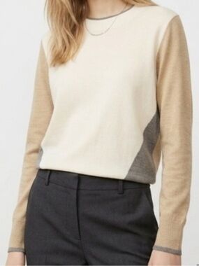 LOFT Colorblock Luxe Knit Sweater Crew Neck Sz XL tan Ivory